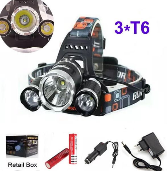 3t6 farol 6000 lumens 3 x t6 cabeça lâmpada de alta potência led farol cabeça tocha lanterna cabeça + carregador bateria + carregador carro1335053