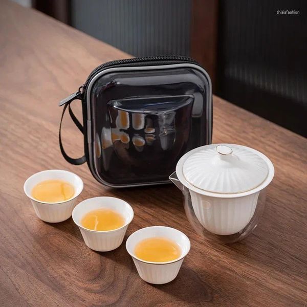 Set da tè Teiera in ceramica Gaiwan con 3 tazze Borsa da tè portatile da viaggio per ufficio a casa