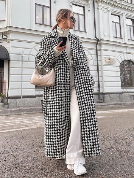 Trench da donna Autunno Inverno Pied de poule con stampa Cappotto lungo High Street Elegante 2024 Capispalla scozzese doppio petto nero bianco