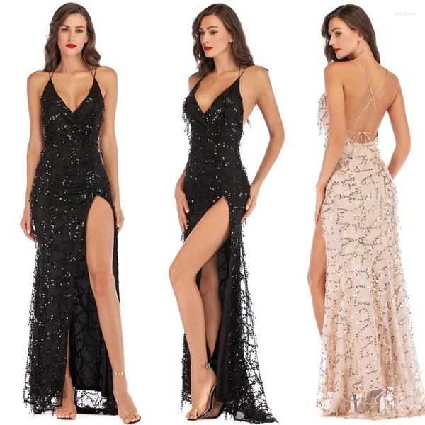 Vestidos casuais ouro verão split vestuário sexy mulheres vestido sem costas vintage lantejoulas borla festa clube desgaste maxi até o chão