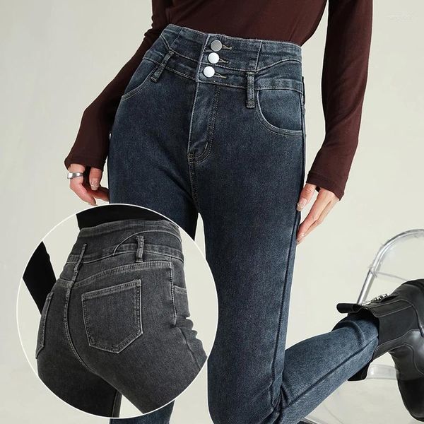 Jeans da donna a vita alta da donna tinta unita 3 bottoni pantaloni in denim slim elastico mamma elasticizzato piedi a matita skinny di marca