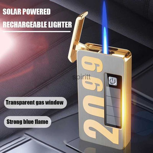 Lighters Solar Şarj Elektronik İndüksiyon Ateşleme Bütan Gaz Çekiş Jet Alev Görsel Yağ Tankı Ateşleyici Sigara Aksesuar Gadgets YQ240124