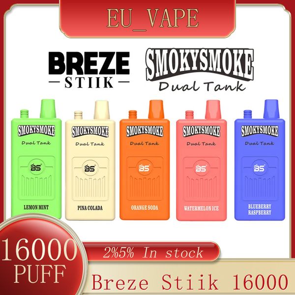 Оригинальный Breze Stiik 16000 Puffs с двойным резервуаром (36 м л), 18 мл x 2 капсулы с перезаряжаемой сетчатой катушкой емкостью 650 мАч, слойка с перезаряжаемой батареей 16000, одноразовая сигарета Vape Pen Pod Ecig Puff 16k