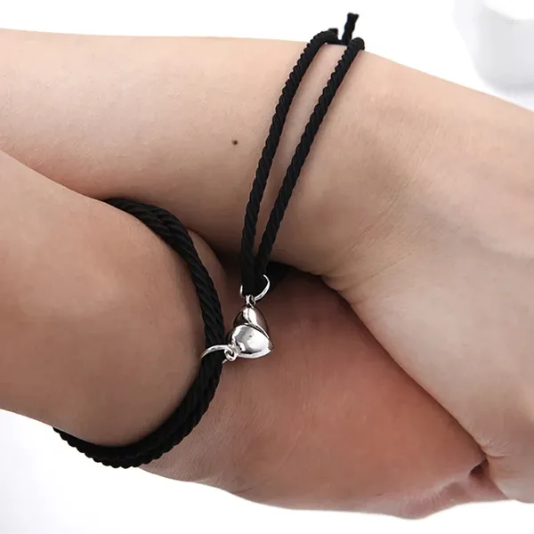 Link pulseiras preto e branco coração trançado corda casal pulseira atração magnética forma ajustável presente do dia dos namorados