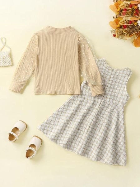 Платья для девочек, милый осенне-зимний наряд для маленьких девочек, очаровательный сетчатый свитер, топ с трикотажным клетчатым платьем, комплект