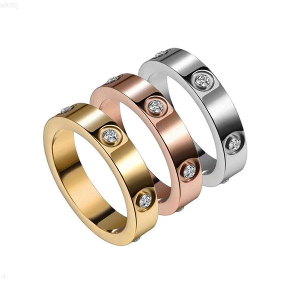 Europeu e americano seis zircão titânio aço banhado a ouro delicado anel simples moda cheio de diamante anel inoxidável