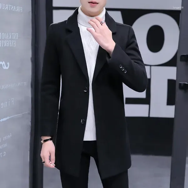 Erkek takım elbise kış Kore versiyonu ince orta uzunluklu takım elbise rahat yünlü düz renk trend hendek ceket karışımları