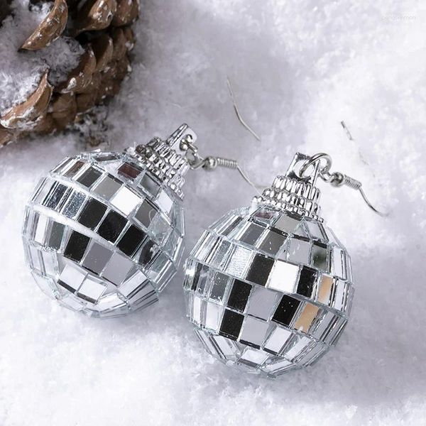 Dangle brincos retro bola de discoteca gota para mulheres cor prata espelho moda vintage refletir luz festa jóias