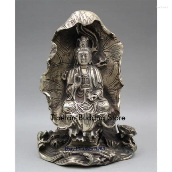 Dekorative Figuren sammeln alte handgeschnitzte Guanyin Avalokiteshvara-Buddha-Statue aus altem Tibet-Silber 21974