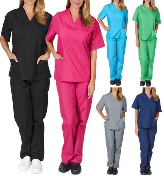 Donne039s pantaloni Capris a colori solidi unisex uomini donne maniche corte a v al collo infermieri scrubs topspants che si lavora uniforme da lavoro set 4625540