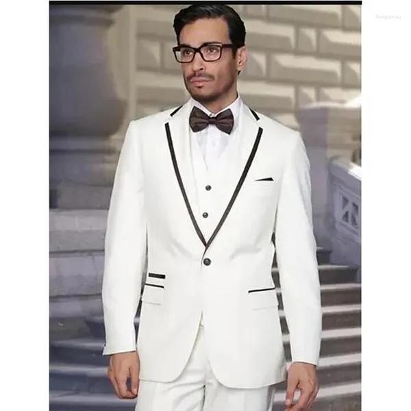 Erkekler takımlar için beyaz düğün ince set damat smokin adam resmi takım elbise erkek blazer 3 adet ceket yelek pantolon kostüm homme