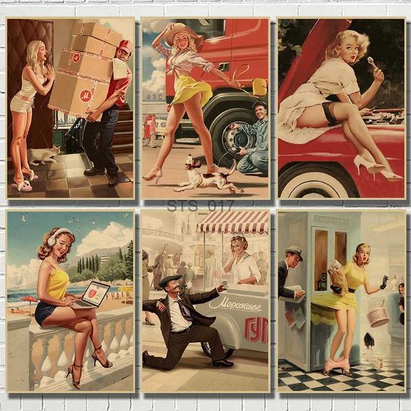 Pinturas Segunda Guerra Mundial Vermelho PIN-UP MENINAS URSS Soviética Vintage Kraft Papel Retro Poster Bar Café Sala de estar Parede Pinturas Decorativas