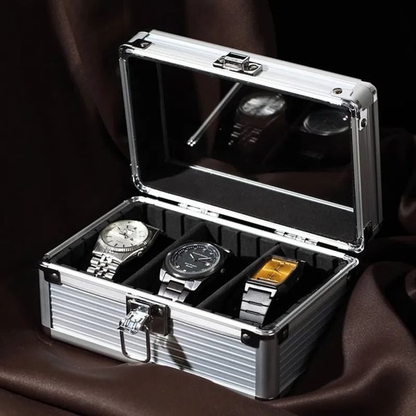 Caixa de relógio organizador transparente liga alumínio moda metal armazenamento portátil com travesseiro absorção choque partição móvel 240119