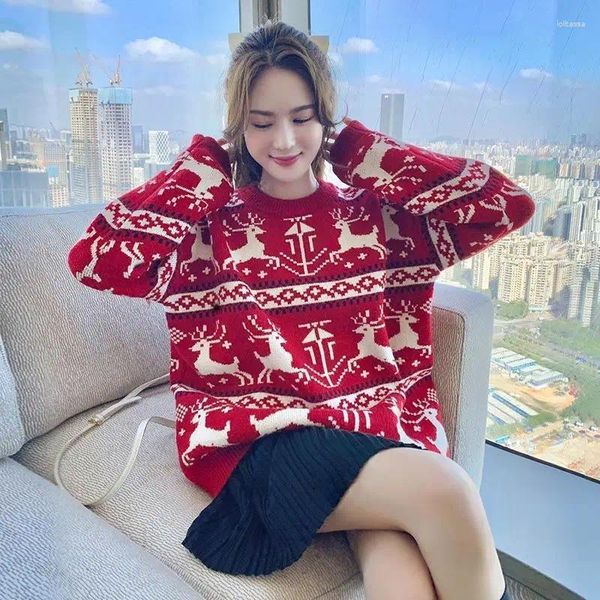 Damenpullover DAYIFUN Herbst/Winter Frauen Weihnachten Elch Jacquard O-Ausschnitt Strickpullover Pullover Lose rote Vintage Tops