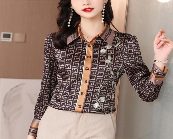 2022 mode Seide Druck Braun Hemd Frauen Langarm Revers Taste Designer Blusen Frühling Herbst Büro Damen Shirts Runway Woma8530310