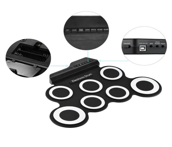 Taşınabilir Elektronik Davul Dijital USB 7 Pedler Rulo Set Seti Silikon Elektrikli Dul Yastık Kiti Strikatlar Ayak Pedalı2106737