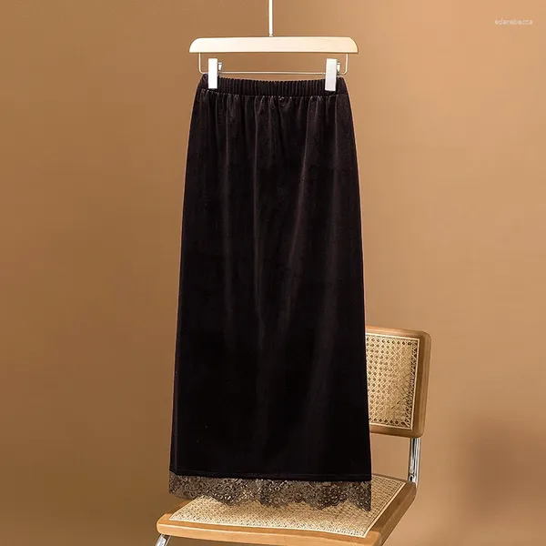 Saias outono inverno veludo laço longo saia 2024 mulheres cintura alta grande tamanho preto curry vintage coreano uma linha solta split roupas