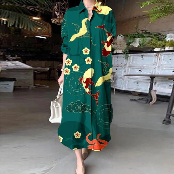 Abiti casual Elegante donna stile cinese stampato abito camicia autunno risvolto maniche lunghe monopetto femminile 2024 abito da sera