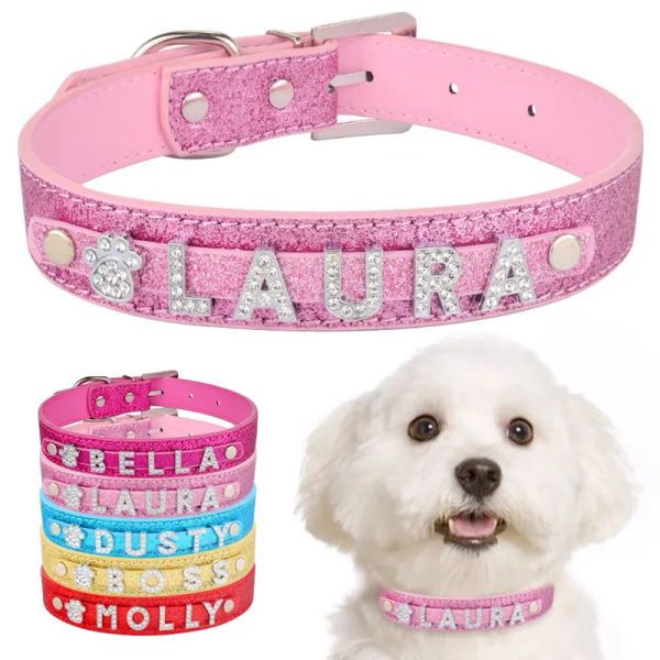 Collari per cani personalizzati Pelle PU con strass Lettere personalizzate Gioielli con diamanti Gemme Targhetta per animali fai-da-te Collare in coccodrillo per cani di taglia piccola e media Gatto grande