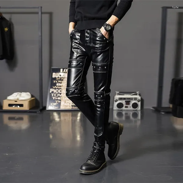 Männer Hosen Niet Leder Chic Koreanische Slim Fit Dicke Leggings Jugend Einfarbig Schwarz Skinny 12A5007