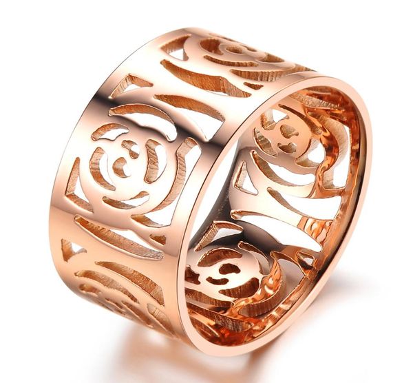 Marca desgin jóias de luxo nova chegada mais vendido aço inoxidável rosa ouro festa oco camélia feminino anel de banda de casamento para lo4094642