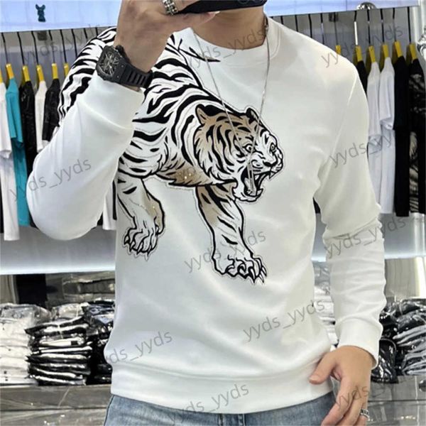 Moletom com capuz masculino outono novo tigre quente diamante padrão harajuku em torno do pescoço tendência grande tamanho moletom y2k casual moda pulôver roupas masculinas t240124