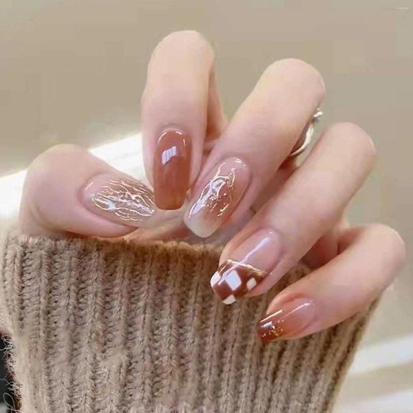 Unhas falsas outono e inverno café longo quadrado dicas francesas glitter design removível arte de unhas falsas para meninas prensadas