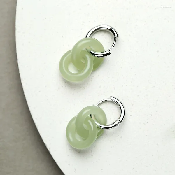 Orecchini a bottone anello fibbia giada grigia Hetian doppio pendente in argento sterling S925-doppio Eardrop verde