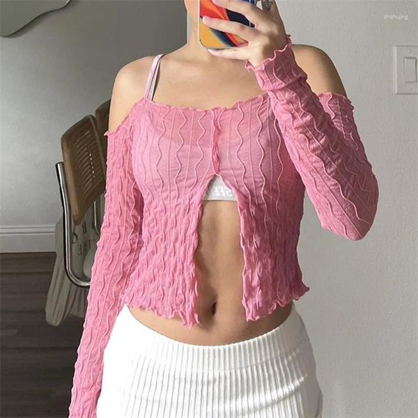 Damen T-Shirts Xingqing Fairycore Crop Tops Y2k Kleidung Frauen Einfarbig Kalte Schulter Langarm Vorne Split Rüschen Streetwear