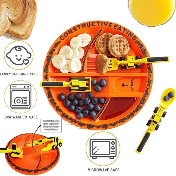 Camp Kitchen Auto Bulldozer Bagger Schaufel Teller Messer Gabel Löffel Sicheres und praktisches Geschirr-Set Kinder Kinder Löffel Gabel Geschirr-Set YQ240123