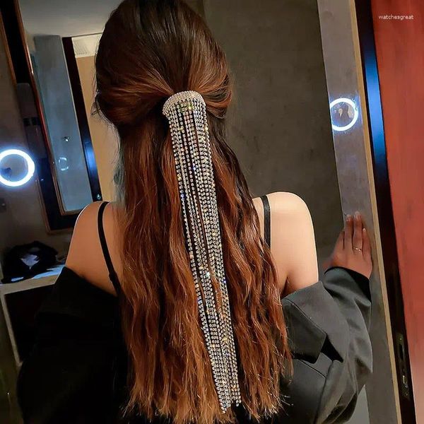 Saç klipsleri 2024 Tam Rezestone Saçkoplar Kadınlar İçin Uzun Püskül Kristal Aksesuarlar Parlak Barrettes Düğün Ziyafet Takı