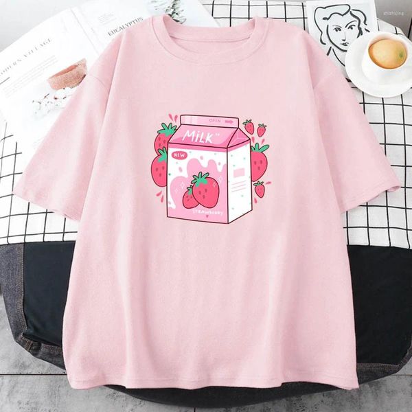 Magliette da donna T-shirt con stampa di cartoni animati al latte alla fragola T-shirt casual a maniche corte con o-collo T-shirt in cotone morbido di alta qualità Donne Ragazze