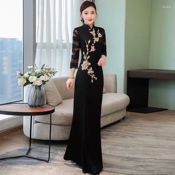 Этническая одежда, черный тонкий винтажный длинный Ципао Hanfu, женское платье Ao Dai, традиционный китайский халат Cheongsam, восточные платья 12944