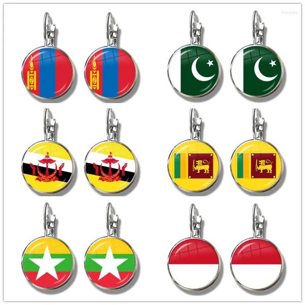 Brincos de pino paquistão brunei sri lanka myanmar indonésia mongoli bandeira nacional vidro cabochão gancho francês joias para presente feminino