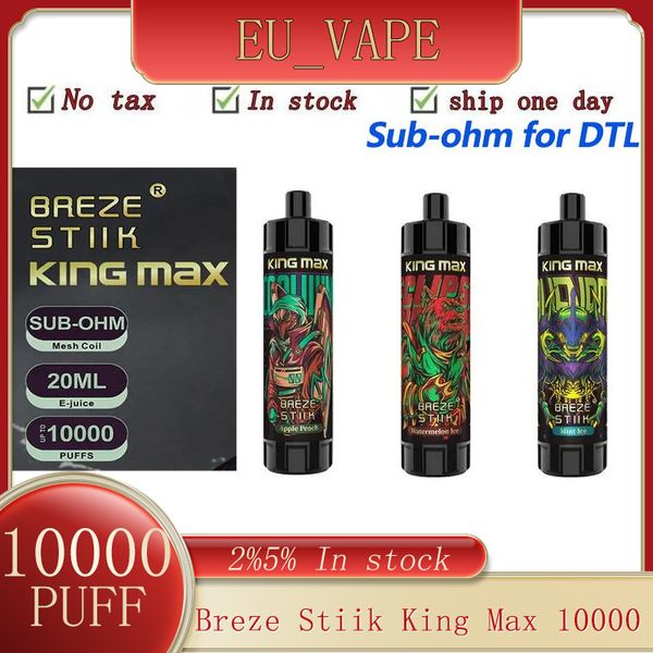 Original Breze Stiik King Max 10000 Puff Wiederaufladbarer Puff Sub Ohm für DTL-Einwegartikel E-Zigaretten Vapes Pen Puff 10000 20 ml vorgefüllter Pod 850 mAh Akku Puff 10k DTL