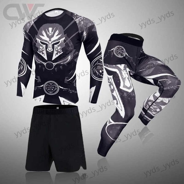 Homens Tracksuits Mens Conjuntos de Compressão Spartan 3D Lobo Adolescente T-shirts Manga Longa Camiseta Homens Lycra MMA Ginásio Camisetas Marca Roupas Calças T240124