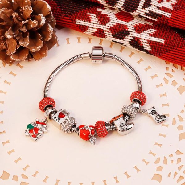 Braccialetti con ciondoli Bracciale natalizio alla moda Babbo Natale Calzini di cristallo Regalo di gioielli Pandore Mani di caramelle per ragazza Braccialetti da donna