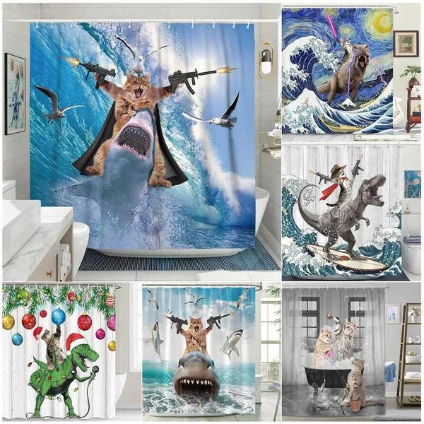 Tende da doccia Divertenti gatti Tende da doccia Onde del mare Squali Uccelli Animali divertenti Paesaggio dell'oceano Decorazioni per il bagno in tessuto Set di tende da bagno per bambini