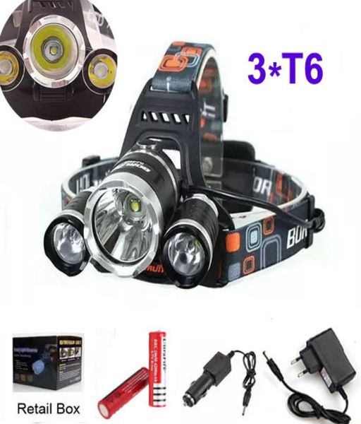 3T6 Far 6000 Lümenler 3 x T6 Kafa Lambası Yüksek Güçlü LED Far Far Kafa Teşhal Lambası El Feneri Kafası+Şarj Cihazı+Pil+Araba Şarj Cihazı 6344083