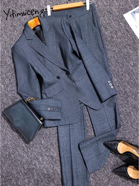 Yitimuceng gri bayanlar pantolon takım elbise Kore moda uzun kollu resmi blazer ceket pantolon 2 adet set sonbahar kış 2203 240124