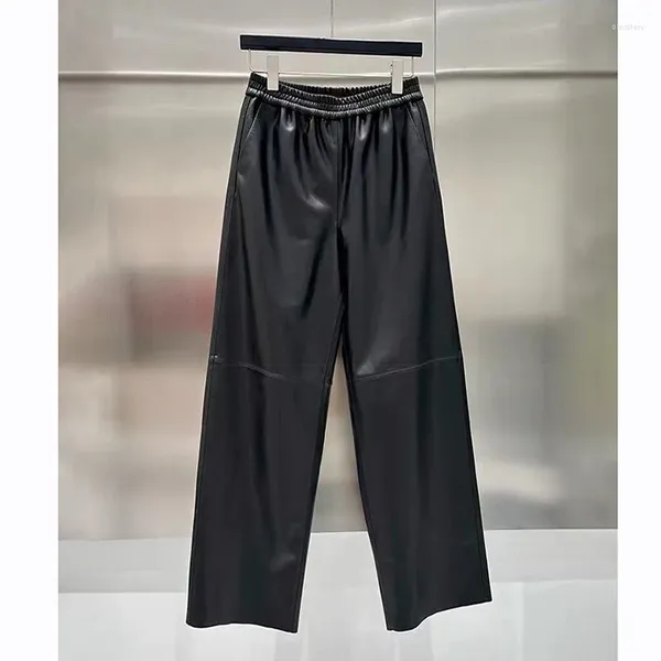 Pantaloni da donna 2024 Donna Vera Pelle Elastico in Vita Pelle di Agnello Sciolta Gamba Larga E73