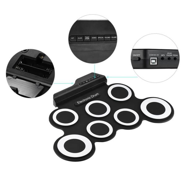 Batteria elettronica portatile USB digitale 7 pad Set di tamburi in silicone Kit di cuscini per batteria elettrica in silicone con pedale per bacchette9307558