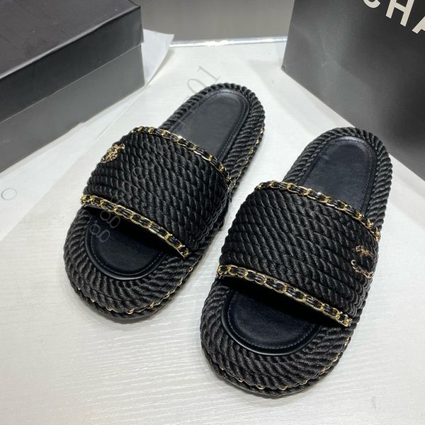 Slides de luxo designer mulheres plataforma chinelos tecer malha sandálias planas channellies senhoras moda praia mules conforto flip flops sapatos com caixa