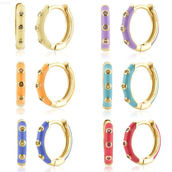 Novo design arco-íris banhado a ouro 925 prata esterlina esmalte colorido huggie hoop com brincos de zircônia para mulheres e meninas