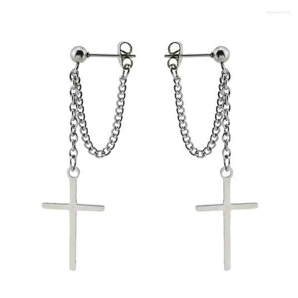 Dangle brincos de corrente longa cruz sexy fino para homens mulheres moda jóias clipe de aço inoxidável na orelha sem piercing hoop