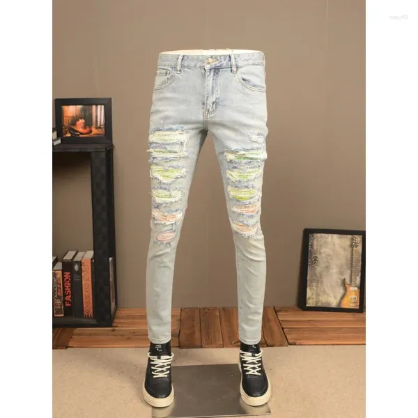 Мужские джинсы, голубые рваные модные брендовые эластичные прямые узкие повседневные брюки с нашивками для бритья