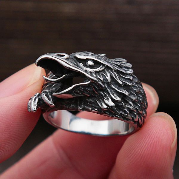 Винтажное кольцо с изображением викингов и вороны, мужское кольцо с скандинавской мифологией, кольцо с викингами, 14-каратное белое золото, байкерское мужское кольцо с Одином и вороном, ювелирное изделие, подарок
