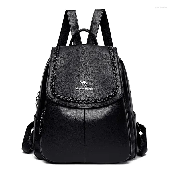 Schultaschen Damen Hochwertiger Lederrucksack Schwarz Reise Umhängetasche Weich Für Teenager Mädchen Einfarbig Rucksack Geldbörse