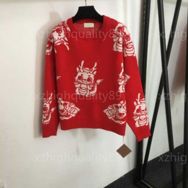 Suéteres Mulheres Camisola Designer Roupas Femininas Desenhos Animados Dragão Padrão Moda Manga Comprida Pulôver Malhas Vermelho Jumper Outono e Inverno Camisola de Malha