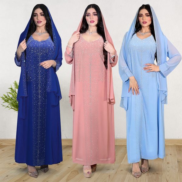 Abito Ramadan Jalabiya Arabo Hot Diamond Chiffon Abito da sera Abito da sera di lusso a maniche lunghe Musulmano Abaya con sciarpa Abaya Dubai Diamanti di lusso Rpbe